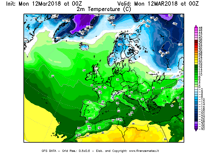 Mappa di analisi GFS - Temperatura a 2 metri dal suolo [°C] in Europa
									del 12/03/2018 00 <!--googleoff: index-->UTC<!--googleon: index-->