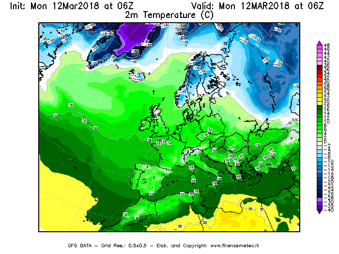 Mappa di analisi GFS - Temperatura a 2 metri dal suolo [°C] in Europa
							del 12/03/2018 06 <!--googleoff: index-->UTC<!--googleon: index-->