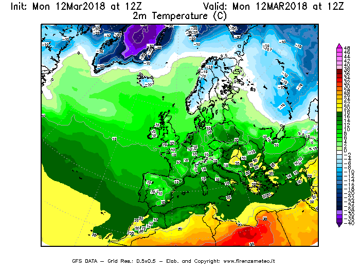 Mappa di analisi GFS - Temperatura a 2 metri dal suolo [°C] in Europa
									del 12/03/2018 12 <!--googleoff: index-->UTC<!--googleon: index-->