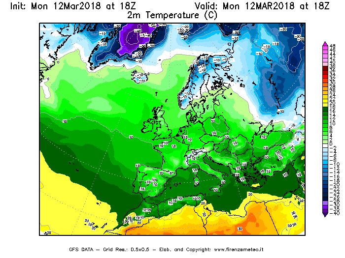 Mappa di analisi GFS - Temperatura a 2 metri dal suolo [°C] in Europa
							del 12/03/2018 18 <!--googleoff: index-->UTC<!--googleon: index-->