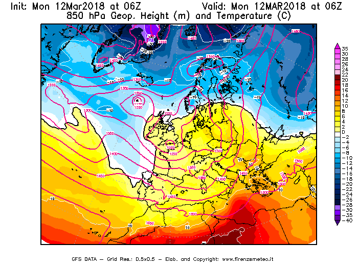 Mappa di analisi GFS - Geopotenziale [m] e Temperatura [°C] a 850 hPa in Europa
							del 12/03/2018 06 <!--googleoff: index-->UTC<!--googleon: index-->