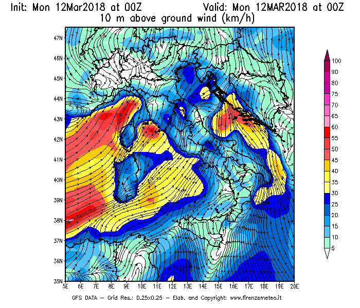 Mappa di analisi GFS - Velocità del vento a 10 metri dal suolo [km/h] in Italia
							del 12/03/2018 00 <!--googleoff: index-->UTC<!--googleon: index-->