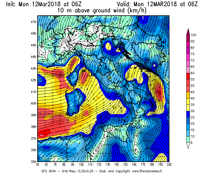 Mappa di analisi GFS - Velocità del vento a 10 metri dal suolo [km/h] in Italia
									del 12/03/2018 06 <!--googleoff: index-->UTC<!--googleon: index-->