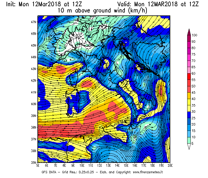 Mappa di analisi GFS - Velocità del vento a 10 metri dal suolo [km/h] in Italia
									del 12/03/2018 12 <!--googleoff: index-->UTC<!--googleon: index-->