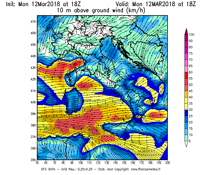 Mappa di analisi GFS - Velocità del vento a 10 metri dal suolo [km/h] in Italia
									del 12/03/2018 18 <!--googleoff: index-->UTC<!--googleon: index-->