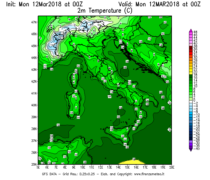 Mappa di analisi GFS - Temperatura a 2 metri dal suolo [°C] in Italia
							del 12/03/2018 00 <!--googleoff: index-->UTC<!--googleon: index-->