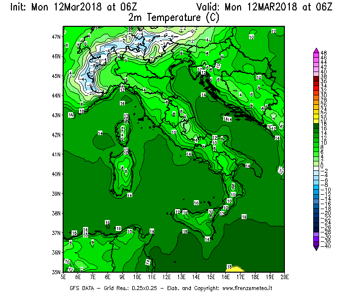 Mappa di analisi GFS - Temperatura a 2 metri dal suolo [°C] in Italia
							del 12/03/2018 06 <!--googleoff: index-->UTC<!--googleon: index-->