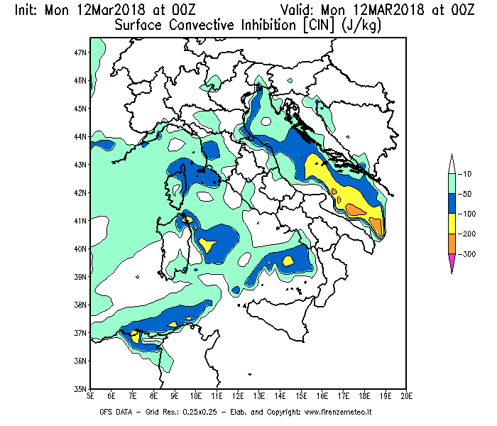 Mappa di analisi GFS - CIN [J/kg] in Italia
									del 12/03/2018 00 <!--googleoff: index-->UTC<!--googleon: index-->