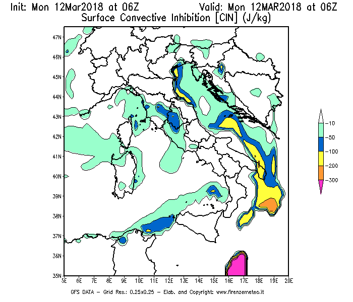 Mappa di analisi GFS - CIN [J/kg] in Italia
							del 12/03/2018 06 <!--googleoff: index-->UTC<!--googleon: index-->