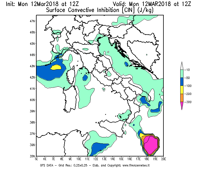Mappa di analisi GFS - CIN [J/kg] in Italia
							del 12/03/2018 12 <!--googleoff: index-->UTC<!--googleon: index-->