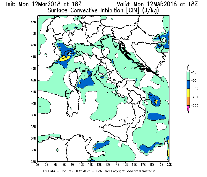 Mappa di analisi GFS - CIN [J/kg] in Italia
									del 12/03/2018 18 <!--googleoff: index-->UTC<!--googleon: index-->