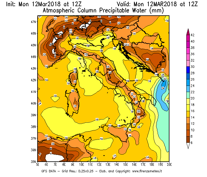 Mappa di analisi GFS - Precipitable Water [mm] in Italia
									del 12/03/2018 12 <!--googleoff: index-->UTC<!--googleon: index-->