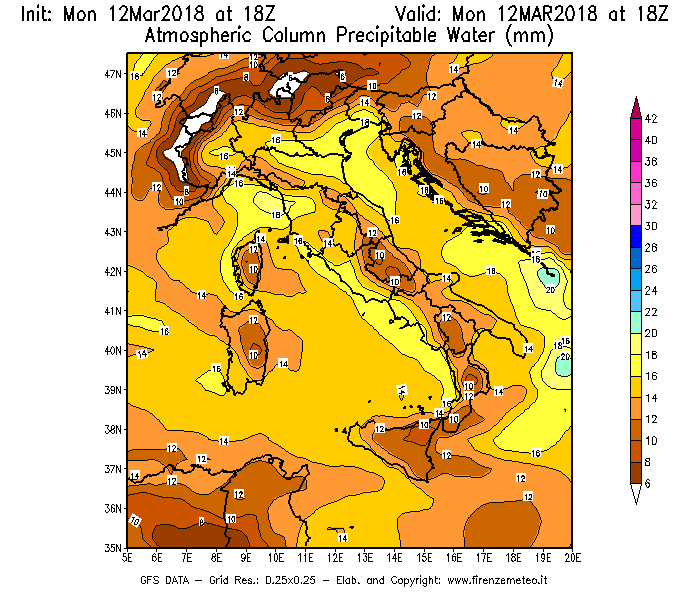Mappa di analisi GFS - Precipitable Water [mm] in Italia
									del 12/03/2018 18 <!--googleoff: index-->UTC<!--googleon: index-->