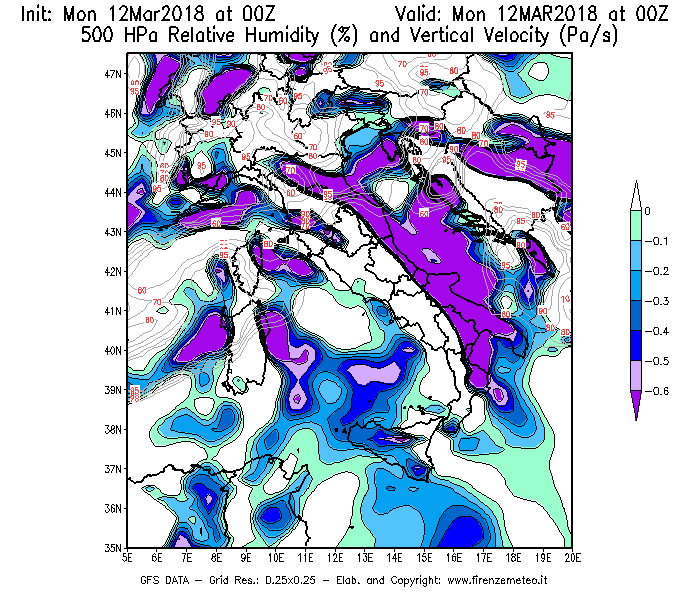 Mappa di analisi GFS - Umidità relativa [%] e Omega [Pa/s] a 500 hPa in Italia
							del 12/03/2018 00 <!--googleoff: index-->UTC<!--googleon: index-->