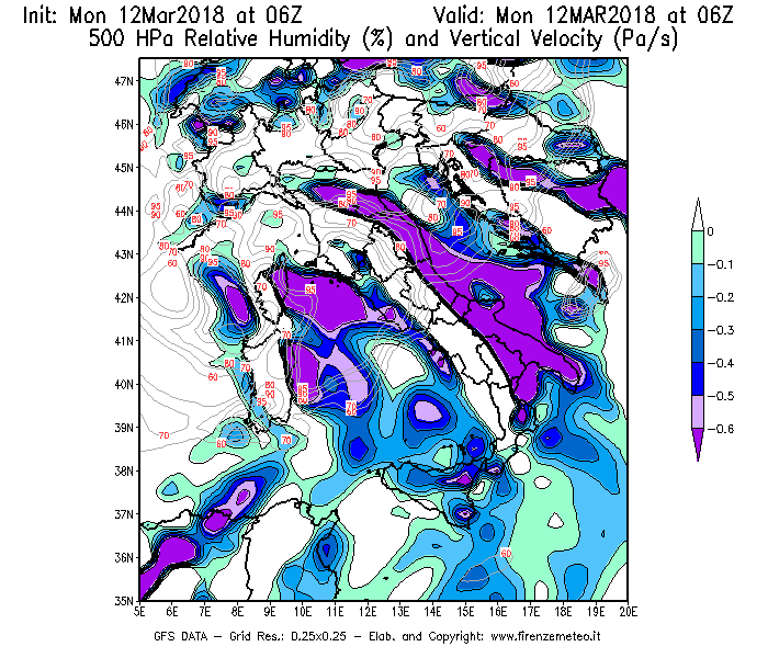 Mappa di analisi GFS - Umidità relativa [%] e Omega [Pa/s] a 500 hPa in Italia
									del 12/03/2018 06 <!--googleoff: index-->UTC<!--googleon: index-->