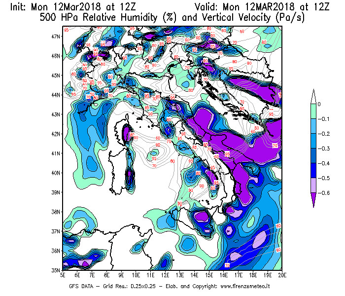 Mappa di analisi GFS - Umidità relativa [%] e Omega [Pa/s] a 500 hPa in Italia
							del 12/03/2018 12 <!--googleoff: index-->UTC<!--googleon: index-->
