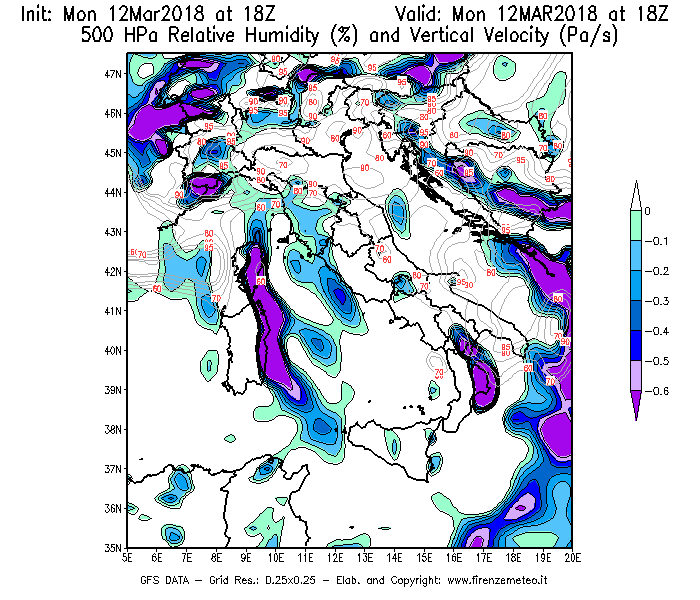 Mappa di analisi GFS - Umidità relativa [%] e Omega [Pa/s] a 500 hPa in Italia
							del 12/03/2018 18 <!--googleoff: index-->UTC<!--googleon: index-->
