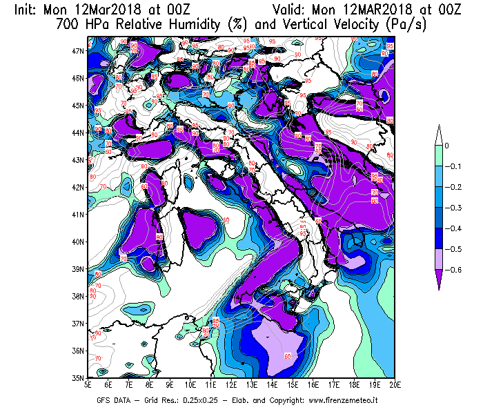 Mappa di analisi GFS - Umidità relativa [%] e Omega [Pa/s] a 700 hPa in Italia
									del 12/03/2018 00 <!--googleoff: index-->UTC<!--googleon: index-->