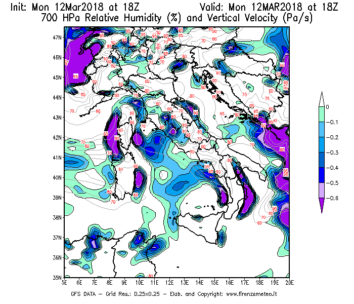 Mappa di analisi GFS - Umidità relativa [%] e Omega [Pa/s] a 700 hPa in Italia
									del 12/03/2018 18 <!--googleoff: index-->UTC<!--googleon: index-->