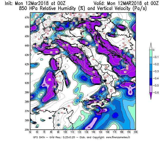 Mappa di analisi GFS - Umidità relativa [%] e Omega [Pa/s] a 850 hPa in Italia
									del 12/03/2018 00 <!--googleoff: index-->UTC<!--googleon: index-->