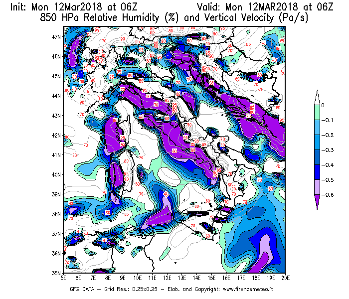 Mappa di analisi GFS - Umidità relativa [%] e Omega [Pa/s] a 850 hPa in Italia
							del 12/03/2018 06 <!--googleoff: index-->UTC<!--googleon: index-->