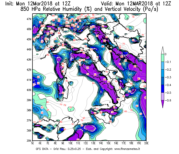 Mappa di analisi GFS - Umidità relativa [%] e Omega [Pa/s] a 850 hPa in Italia
									del 12/03/2018 12 <!--googleoff: index-->UTC<!--googleon: index-->