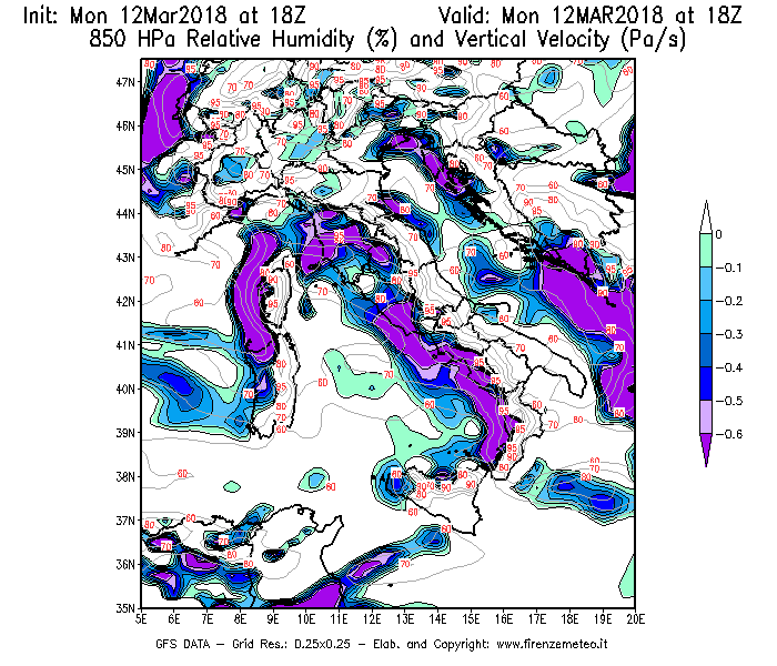 Mappa di analisi GFS - Umidità relativa [%] e Omega [Pa/s] a 850 hPa in Italia
									del 12/03/2018 18 <!--googleoff: index-->UTC<!--googleon: index-->