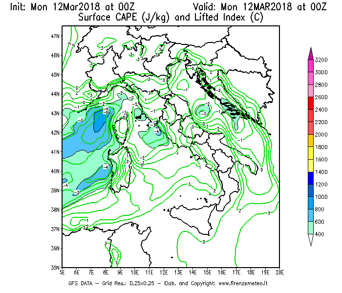 Mappa di analisi GFS - CAPE [J/kg] e Lifted Index [°C] in Italia
							del 12/03/2018 00 <!--googleoff: index-->UTC<!--googleon: index-->