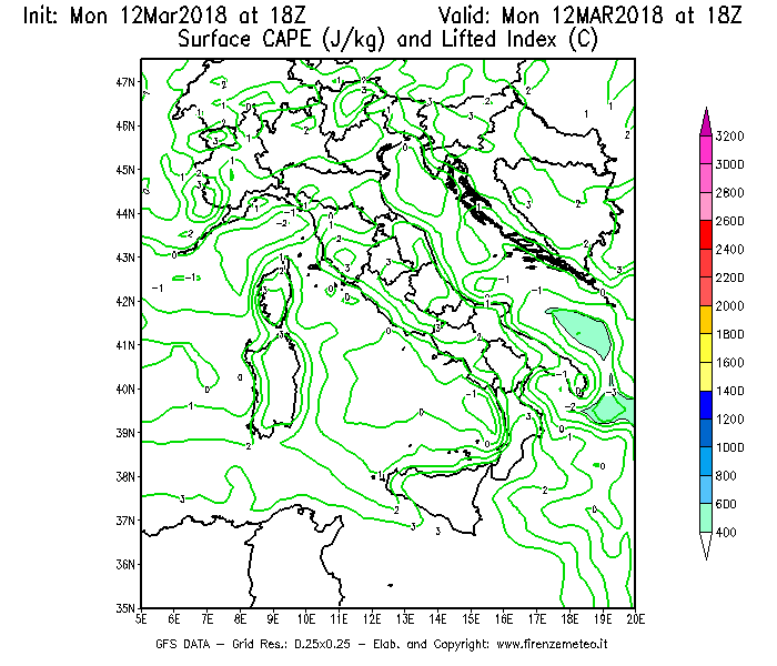 Mappa di analisi GFS - CAPE [J/kg] e Lifted Index [°C] in Italia
							del 12/03/2018 18 <!--googleoff: index-->UTC<!--googleon: index-->
