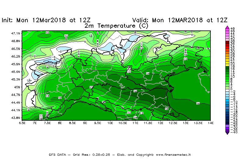 Mappa di analisi GFS - Temperatura a 2 metri dal suolo [°C] in Nord-Italia
							del 12/03/2018 12 <!--googleoff: index-->UTC<!--googleon: index-->