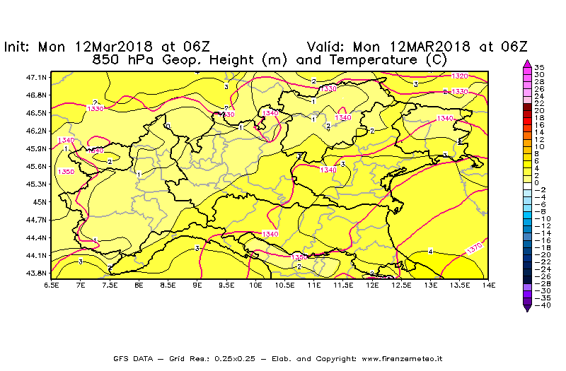 Mappa di analisi GFS - Geopotenziale [m] e Temperatura [°C] a 850 hPa in Nord-Italia
							del 12/03/2018 06 <!--googleoff: index-->UTC<!--googleon: index-->