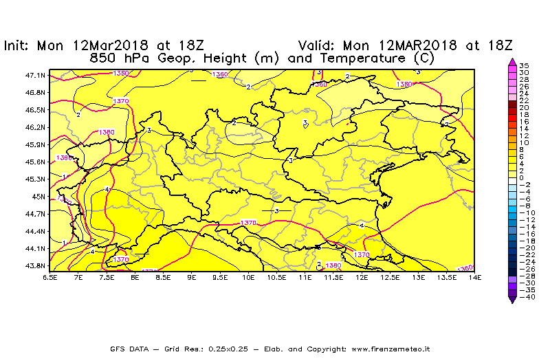 Mappa di analisi GFS - Geopotenziale [m] e Temperatura [°C] a 850 hPa in Nord-Italia
									del 12/03/2018 18 <!--googleoff: index-->UTC<!--googleon: index-->