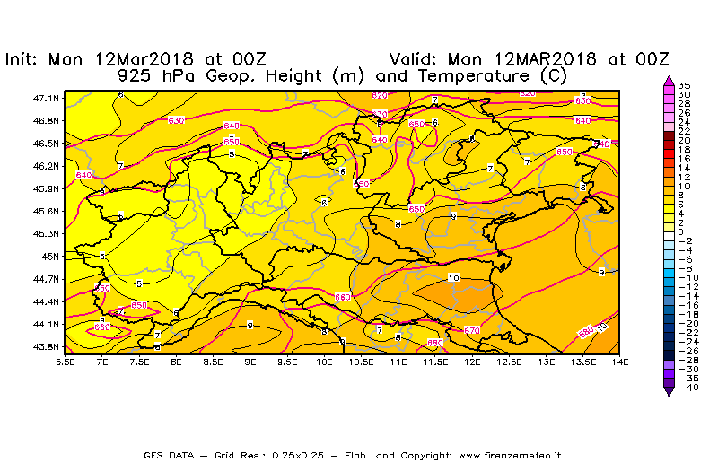 Mappa di analisi GFS - Geopotenziale [m] e Temperatura [°C] a 925 hPa in Nord-Italia
							del 12/03/2018 00 <!--googleoff: index-->UTC<!--googleon: index-->
