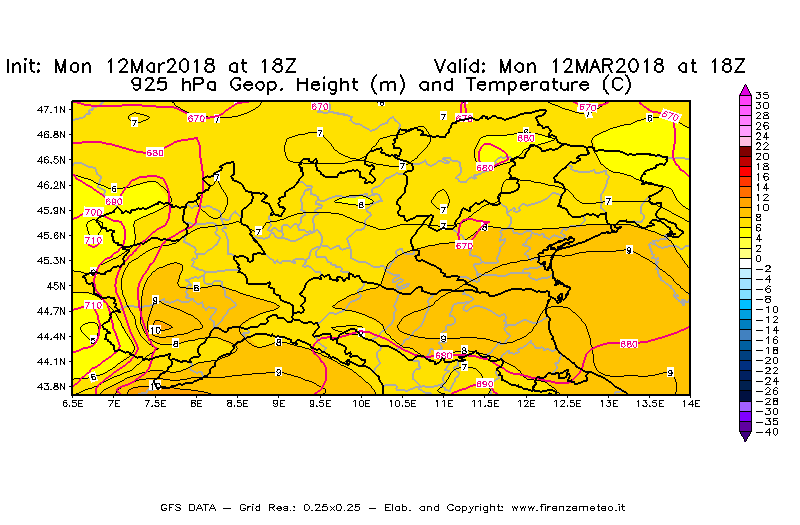 Mappa di analisi GFS - Geopotenziale [m] e Temperatura [°C] a 925 hPa in Nord-Italia
							del 12/03/2018 18 <!--googleoff: index-->UTC<!--googleon: index-->