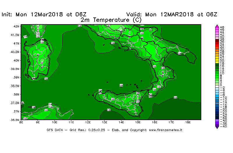 Mappa di analisi GFS - Temperatura a 2 metri dal suolo [°C] in Sud-Italia
									del 12/03/2018 06 <!--googleoff: index-->UTC<!--googleon: index-->