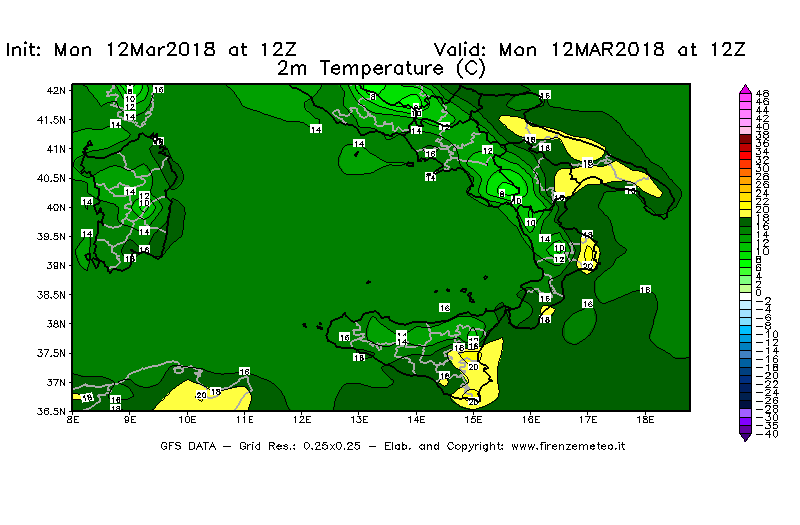 Mappa di analisi GFS - Temperatura a 2 metri dal suolo [°C] in Sud-Italia
									del 12/03/2018 12 <!--googleoff: index-->UTC<!--googleon: index-->
