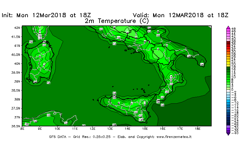 Mappa di analisi GFS - Temperatura a 2 metri dal suolo [°C] in Sud-Italia
							del 12/03/2018 18 <!--googleoff: index-->UTC<!--googleon: index-->