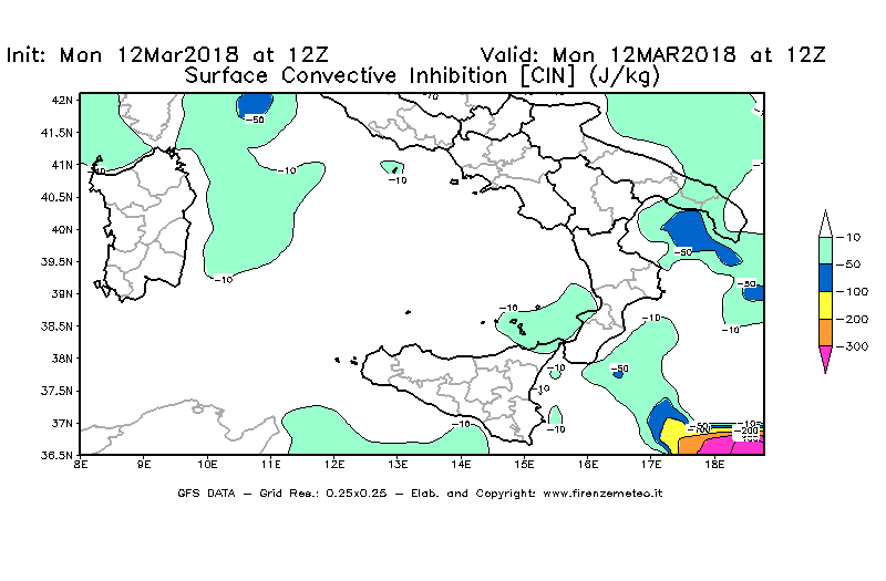 Mappa di analisi GFS - CIN [J/kg] in Sud-Italia
									del 12/03/2018 12 <!--googleoff: index-->UTC<!--googleon: index-->