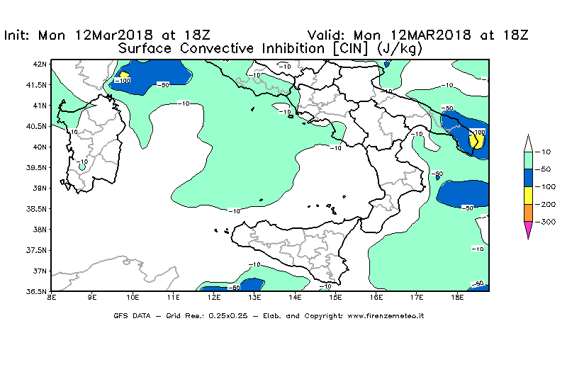 Mappa di analisi GFS - CIN [J/kg] in Sud-Italia
							del 12/03/2018 18 <!--googleoff: index-->UTC<!--googleon: index-->