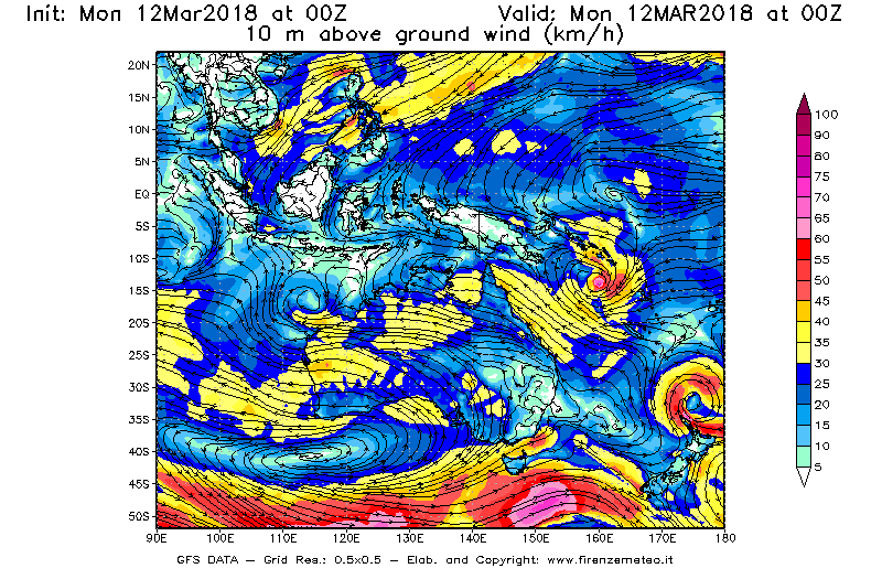 Mappa di analisi GFS - Velocità del vento a 10 metri dal suolo [km/h] in Oceania
							del 12/03/2018 00 <!--googleoff: index-->UTC<!--googleon: index-->