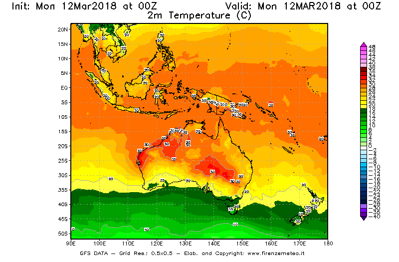 Mappa di analisi GFS - Temperatura a 2 metri dal suolo [°C] in Oceania
									del 12/03/2018 00 <!--googleoff: index-->UTC<!--googleon: index-->