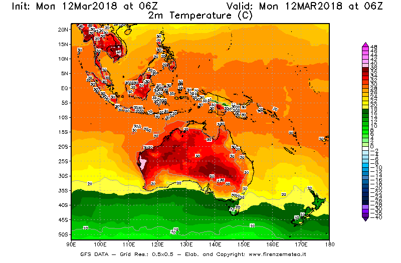 Mappa di analisi GFS - Temperatura a 2 metri dal suolo [°C] in Oceania
									del 12/03/2018 06 <!--googleoff: index-->UTC<!--googleon: index-->