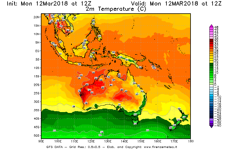 Mappa di analisi GFS - Temperatura a 2 metri dal suolo [°C] in Oceania
									del 12/03/2018 12 <!--googleoff: index-->UTC<!--googleon: index-->