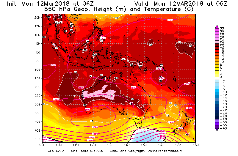 Mappa di analisi GFS - Geopotenziale [m] e Temperatura [°C] a 850 hPa in Oceania
									del 12/03/2018 06 <!--googleoff: index-->UTC<!--googleon: index-->