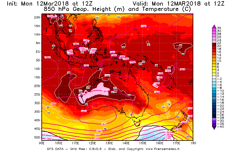 Mappa di analisi GFS - Geopotenziale [m] e Temperatura [°C] a 850 hPa in Oceania
							del 12/03/2018 12 <!--googleoff: index-->UTC<!--googleon: index-->
