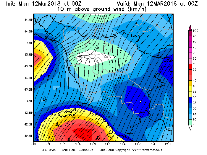 Mappa di analisi GFS - Velocità del vento a 10 metri dal suolo [km/h] in Toscana
							del 12/03/2018 00 <!--googleoff: index-->UTC<!--googleon: index-->