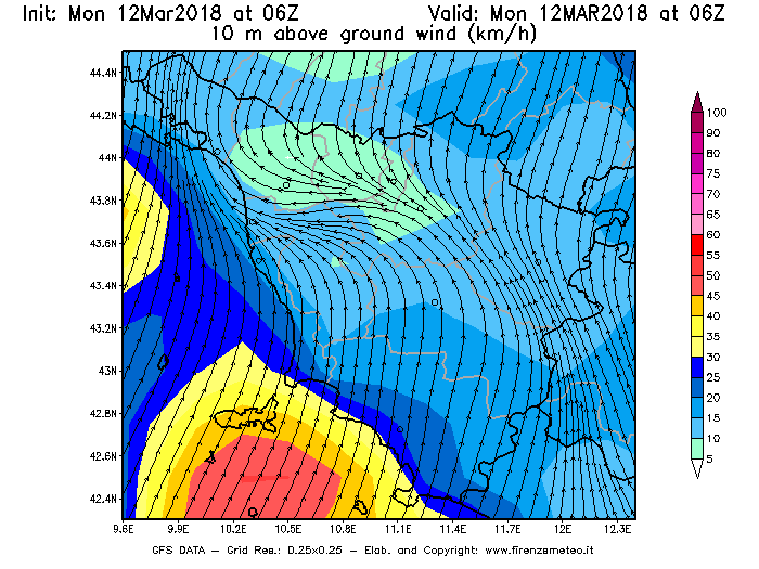 Mappa di analisi GFS - Velocità del vento a 10 metri dal suolo [km/h] in Toscana
									del 12/03/2018 06 <!--googleoff: index-->UTC<!--googleon: index-->