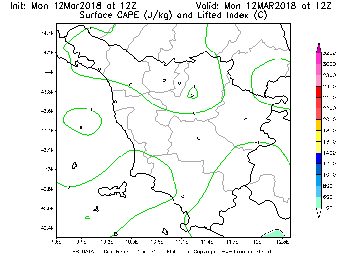Mappa di analisi GFS - CAPE [J/kg] e Lifted Index [°C] in Toscana
									del 12/03/2018 12 <!--googleoff: index-->UTC<!--googleon: index-->