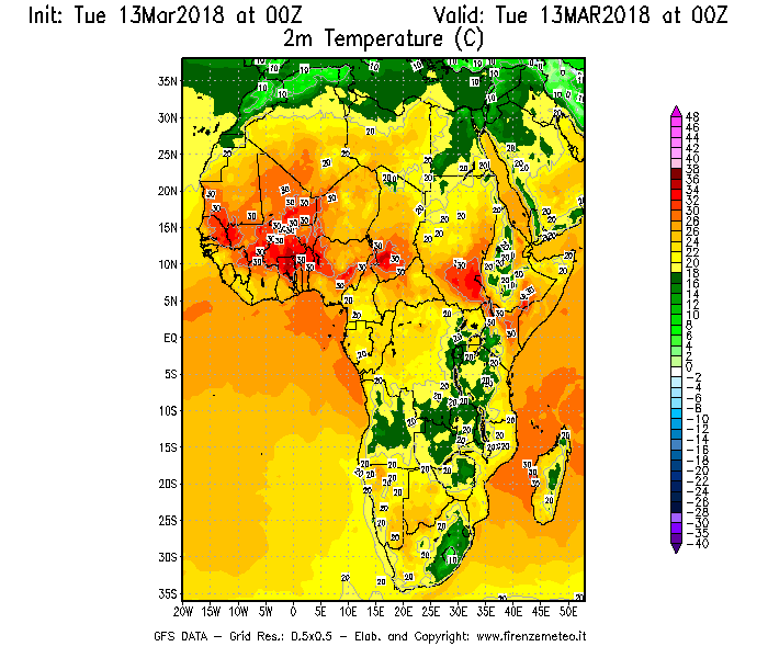 Mappa di analisi GFS - Temperatura a 2 metri dal suolo [°C] in Africa
							del 13/03/2018 00 <!--googleoff: index-->UTC<!--googleon: index-->