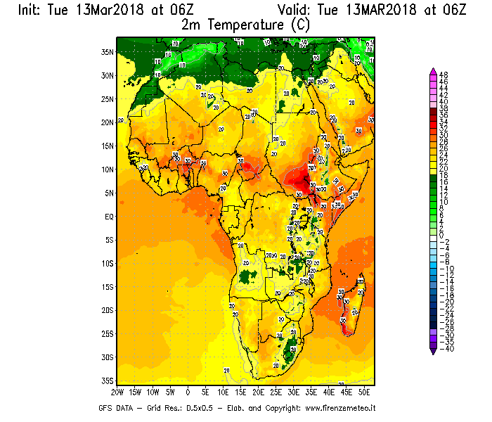 Mappa di analisi GFS - Temperatura a 2 metri dal suolo [°C] in Africa
							del 13/03/2018 06 <!--googleoff: index-->UTC<!--googleon: index-->